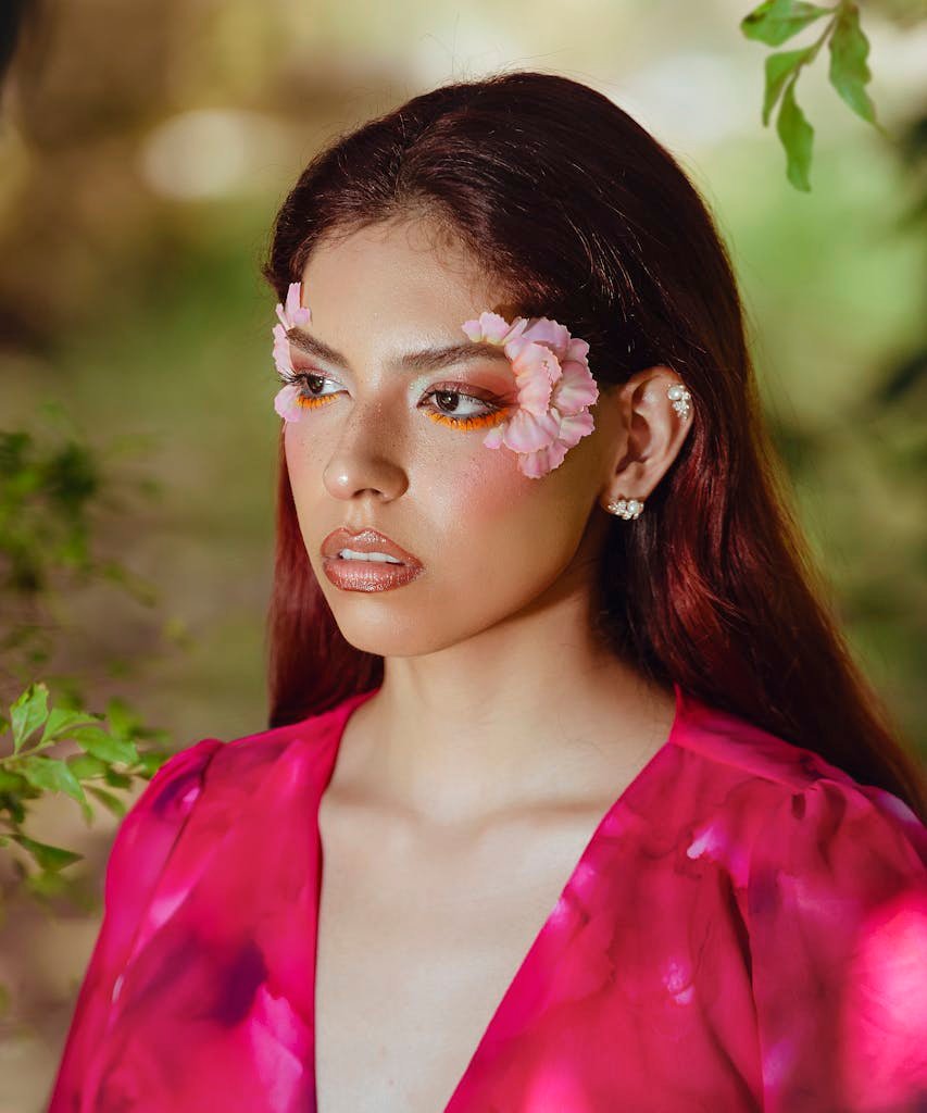 Stunning portrait of a woman with pink floral eye makeup against a lush outdoor background in Tingo María, Peru.